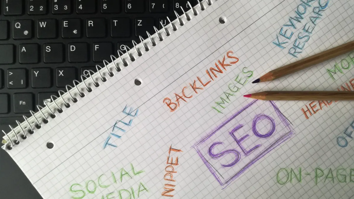 SEO and keyword planning notes in a notebook